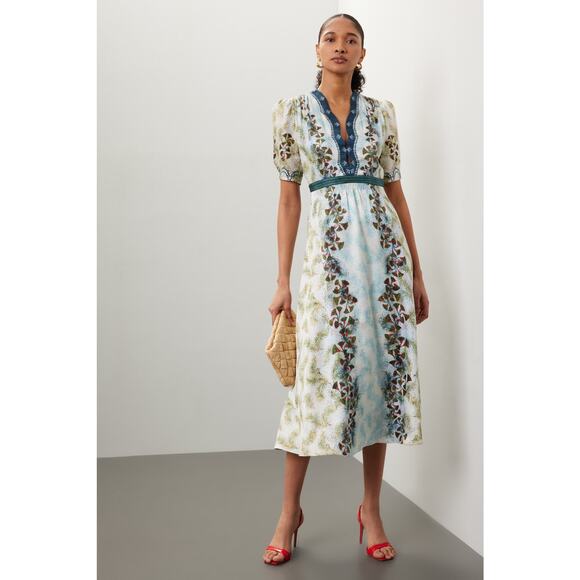 SALONI Blue White Floral Tabitha Feather Papyrus 100% Silk Midi Dress Size US 0 - Picture 1 of 16